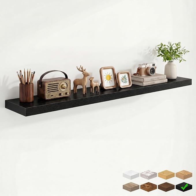 Marsmiles 9.25in Depth 55in Floating Shelves, 55x9.25x1.4, Black, Set of 1 | Long Wall Mounted Engineered Wood Shelves with Invisible Brackets for Living Room, Bedroom, Bathroom, Kitchen