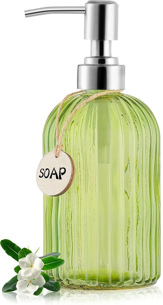 MOCLIF 16 OZ Soap Dispenser，Tempered Glass Clear Vertical Stripe with 304 Rust Proof Stainless Steel Pump Refillable Liquid Hand Soap Dispenser，for Bathroom, Kitchen, Dish Soap，Lotion (Green)