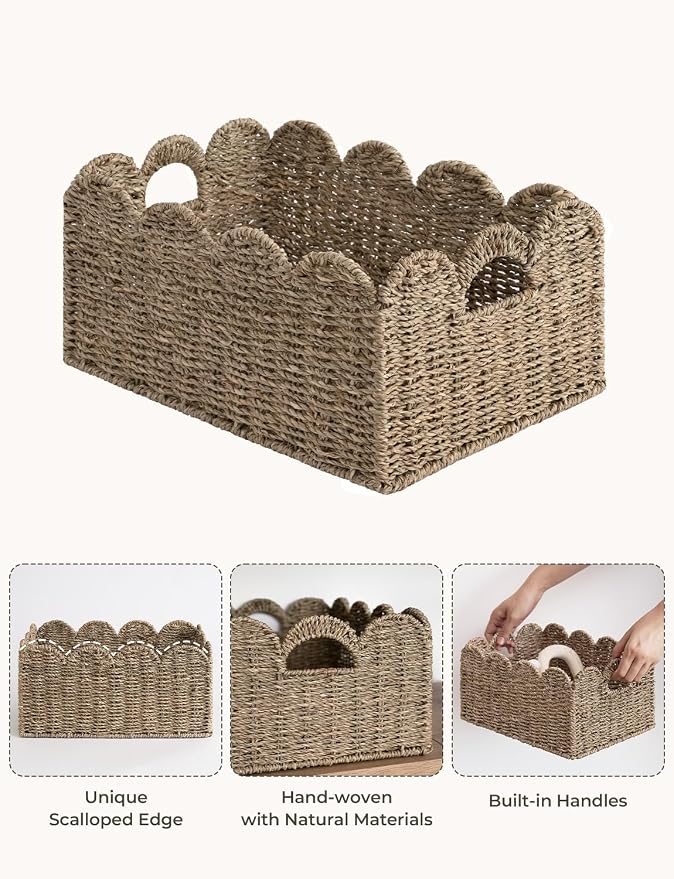 StorageWorks Scalloped Wicker Basket, Woven Baskets For Storage, Seagrass | Woven Baskets For Storage, Wicker Storage Baskets For Shelves, Large Wicker Basket, Shelf Basket With Handles,2 Pack