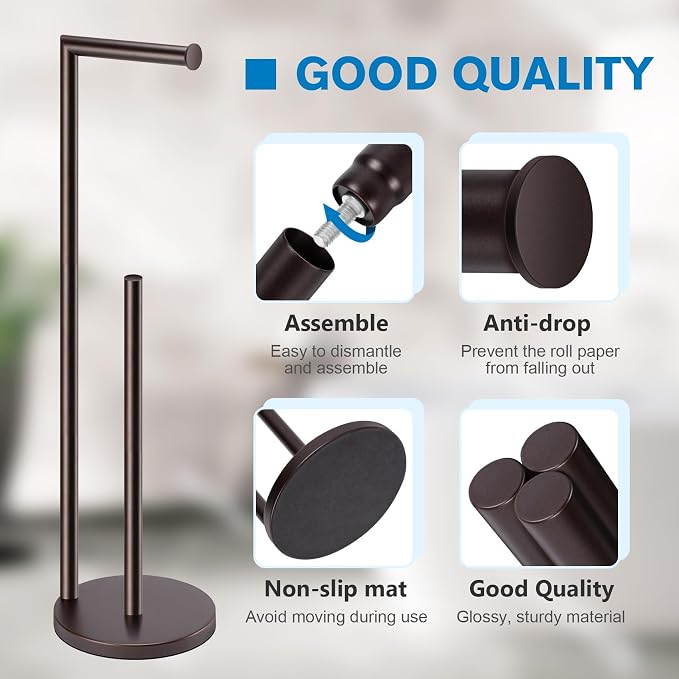Toilet Paper Holder Stand, Bronze Toilet Paper Holder Free Standing | Toilet Paper Holder for 4 Rolls, Bathroom Organizers and Storage with Anti-Slip Base and Rustproof