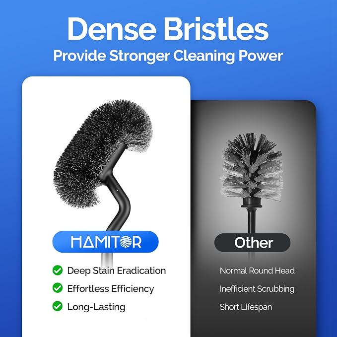 HAMITOR Toilet Brush and Holder Set Under Rim Deep Cleaning Curved Bristle | 304 Stainless Steel, Rustproof Heavy Duty, Durable Bathroom Scrubber, For Renters Homeowners Family, Silver, 2 Pack