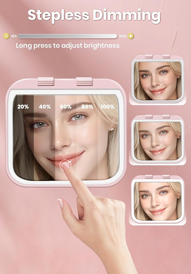 Magnifying Mirror with Light, Rechargeable 40X Compact Mirror with 3 Lighting Modes & Dimmable Brightness, Portable Travel Makeup Mirror with Light, Essentials for Travel, Pocket Purse Pink