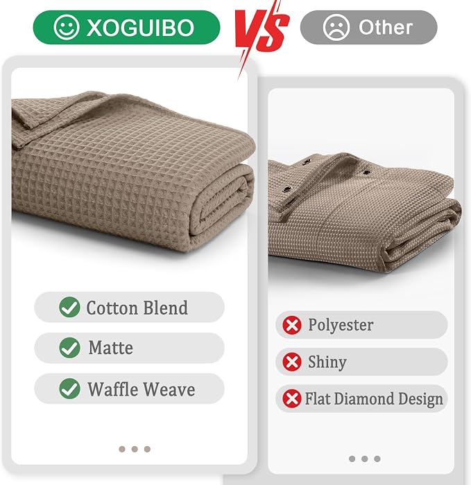 Waffle Weave Shower Curtain Heavyweight Cotton Fabric Beige 72Wx75L | Soft Cotton Cloth,3D Square Truely Waffle Washable, Hotel Luxury Spa, Shower Curtain Set for Bathroom 12 Plastic Hooks