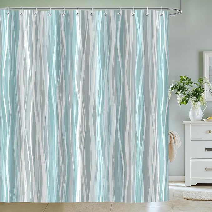Moonslim Teal Grey Ombre Shower Curtain, Modern Wavy Abstract Striped Line Bathroom Curtain, Waterproof Fabric Bath Decor, 72 x 84 Inch