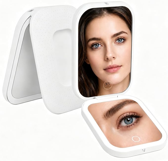 5X Magnifying Mirror, Compact Mirror for Makeup with 3 Lighting Modes and Adjustable Brightness, Portable Makeup Mirror Type-C Rechargeable, Pocket Mirror Fits in A Handbag, Gift for Girls