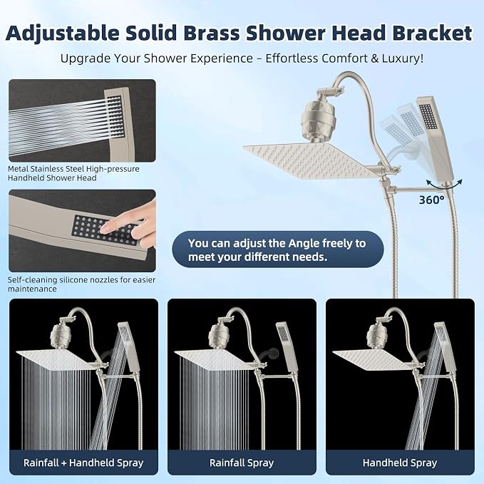 Hibbent All Metal 10'' Filtered Rainfall Shower Head Combo, High Pressure Handheld Shower Wand, 12'' Adjustable Extension Arm, 20 Stage Shower Filter, 71'' Hose, Shower Head Holders, Brushed Nickel