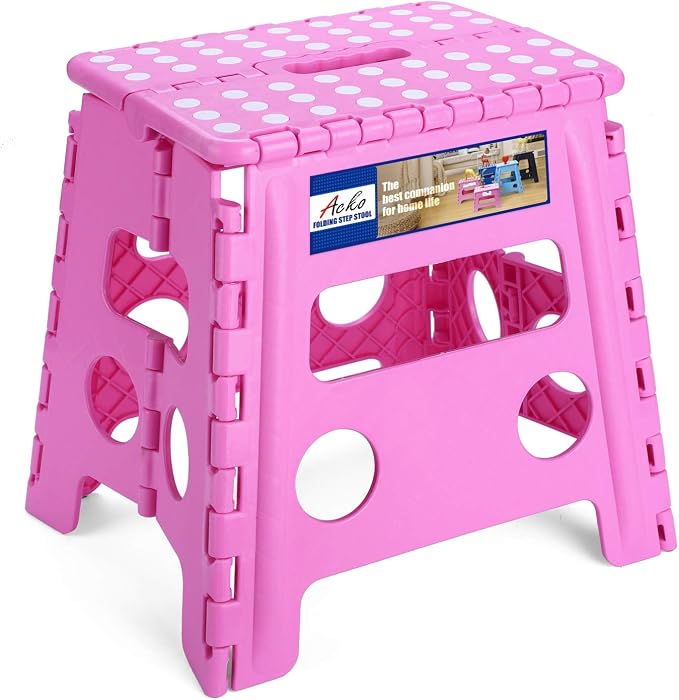 ACKO Folding Step Stool - 13 inch Height Premium Heavy Duty Foldable Stool for Kids and Adults, Kitchen Garden Bathroom Stepping Stool (Pink) | Heavy Duty Collapsible Foot Stepping Stool, Holds 300 lbs Non-Slip for Kids Kitchen Bathroom Outdoor, with B...