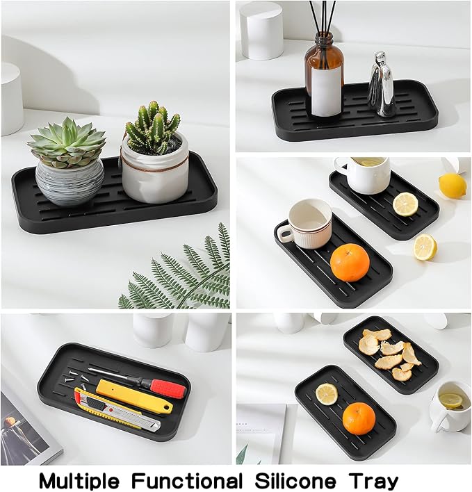MicoYang Silicone Kitchen Sink Organizer Tray for Multiple Usage,Eco-Friendly Sponges Holder for Kitchen Bathroom Counter or Sink,Dish Soap Dispenser,Scrubber,Bottle,Cup (Black, 10"×5.3")