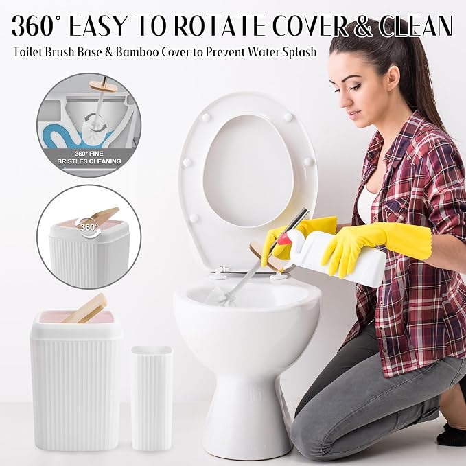 Bathroom Accessories Set White Bathroom Set with Trash Can,3PCS Lotion Soap Dispenser, Toothbrush Holder, Soap Dish,Tumbler Cup,6pcs Wood Tags White Bath Accessories with Tray for Bathroom Decor