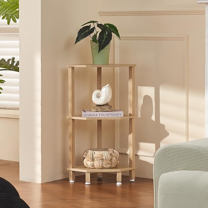 YUFAM 3-Tier Corner Shelf, Natural | Wooden Small Corner Table with Sturdy 5-Leg Base, Wooden Corner Bookshelf for Adjustable Base for Bathroom