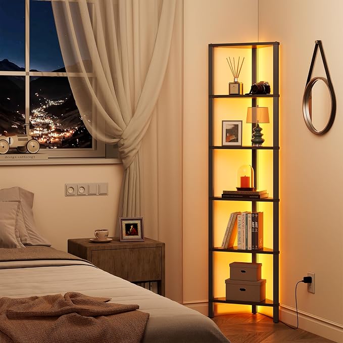 TUTOTAK Corner Shelf with LED Light, 6-Tier Corner Bookshelf | for Small Space, Narrow Display Corner Shelf Stand with Storage Rack, for Living Room, Bedroom, Black BS05BK006L