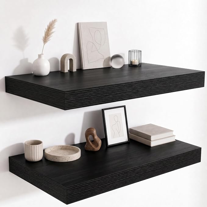 12 Inch Deep Floating Shelves for Wall, 24 Inch Wide Wall Shelves Set of 2, 2 Inch Thick Heavy Duty Invisible Wall Mounted Shelves for Kitchen Living Room,Black