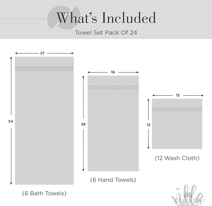 Villa Celestia 24-Piece 100% Cotton Towel Set, 6 Bath Towels, 6 Hand Towels, 12 Wash Cloth, Quick-Dry, White