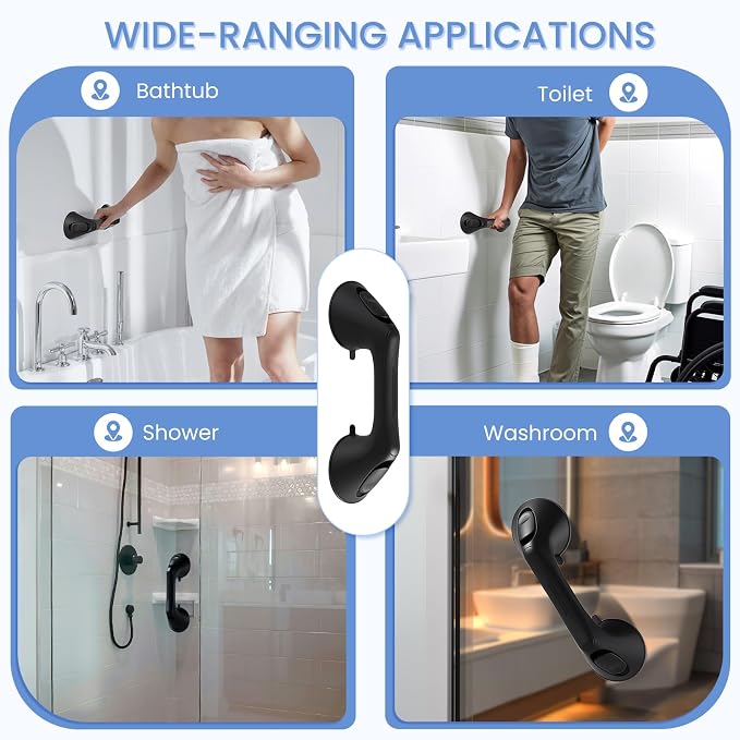 2 Pack 12 Inch Grab Bars for Bathtubs and Showers for Seniors, Heavy Duty Shower Handle for Elderly, Suction Cup Removable Handrails Handicap Bath Grip Bathroom Upgrade Safety Grips (Black)