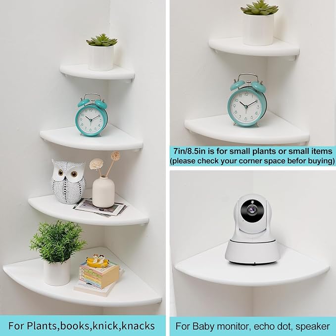 Corner Shelves, Floating Corner Shelf, Set of 2 Solid Oak Wood Wall Shelves, Round End Wall Mount with Wire Hole Shelving for Small Plant for Bedroom Kitchen, Living Room White