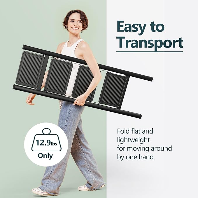 4 Step Foldable Step Stool, 330lbs Load, Black | Folded 46'' H x 2'' T; Net 12.5 lbs; Anti-Slip Feet Grip Wood, Tile, Carpet; Wide Pedals; For Shelves, Repairs.