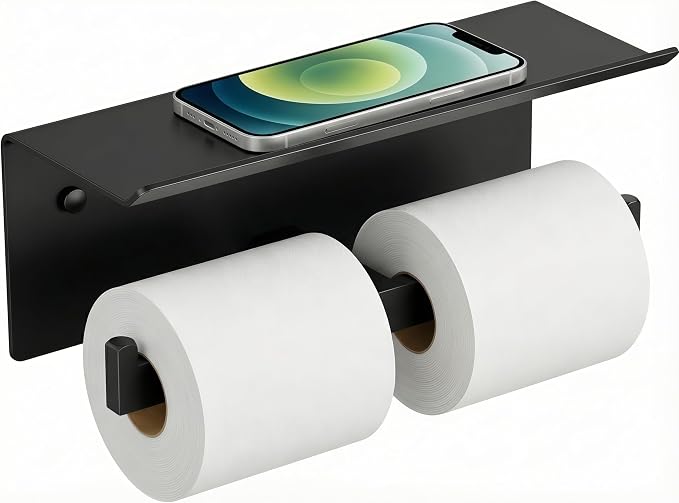 FORIOUS Toilet Paper Holder with Shelf, Commercial Toilet Paper Dispenser | Matte Black | SUS304 Stainless Steel Wall Mount Double Bathroom Tissue Roll Holder for Hotel, Apartments, etc