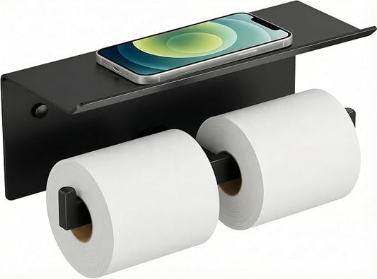 FORIOUS Toilet Paper Holder with Shelf, Commercial Toilet Paper Dispenser | Matte Black | SUS304 Stainless Steel Wall Mount Double Bathroom Tissue Roll Holder for Hotel, Apartments, etc