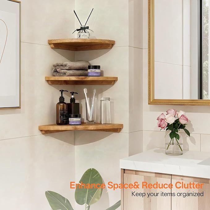 Gieanoo Corner Floating Shelf 9inch Solid Oak Wood Floating Corner Shelf with Wire Hole Corner Wall Mount Storage Display Shelves for Living Room Bedroom Bathroom Kitchen