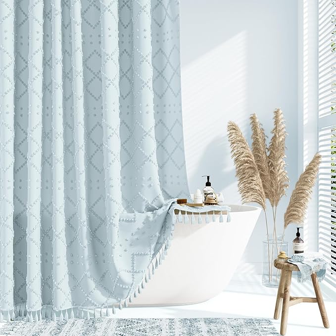 Boho Farmhouse Shower Curtain Tufted Geometric 72"x72" Fog Blue | Elegant Tassel, Soft Lightweight Textured Cloth, Water Repellent, Washable, Hotel Spa, for Bathroom/Dorm/Apartment 12 Hooks