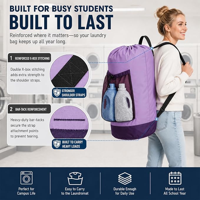 Backpack Laundry Bag, Durable polyster Laundry Backpack Bag with Shoulder Straps, Drawstring Closure & Mesh Pocket, Large Clothes Hamper for Dorm, Travel, Laundromat (Purple)