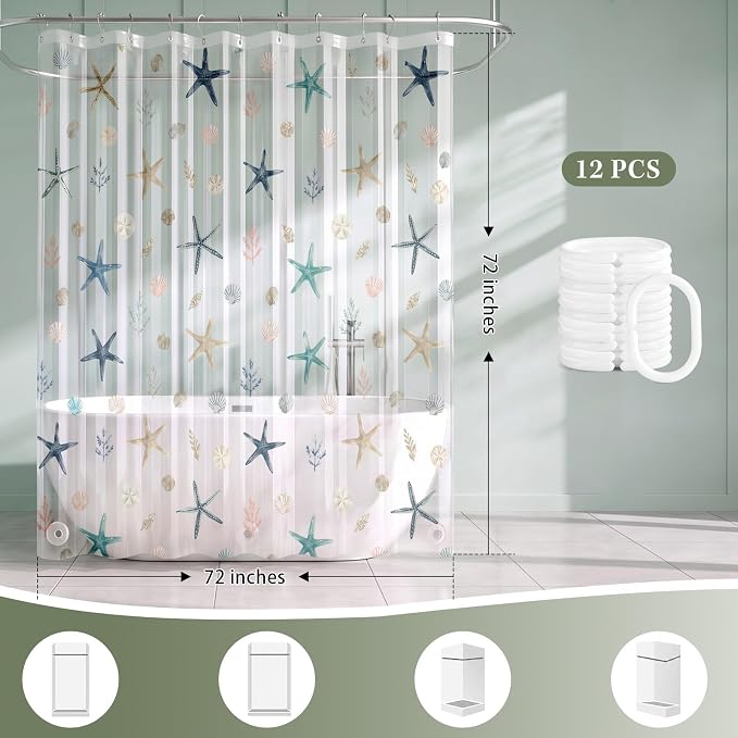 Clear Shower Curtain Liner, Starfish Seashell PEVA, 72x72 Inch | Ocean Sea Star Waterproof Bath Plastic Shower Curtains Set with 3 Weighted Magnets and 12 Hooks for Bathroom Decor