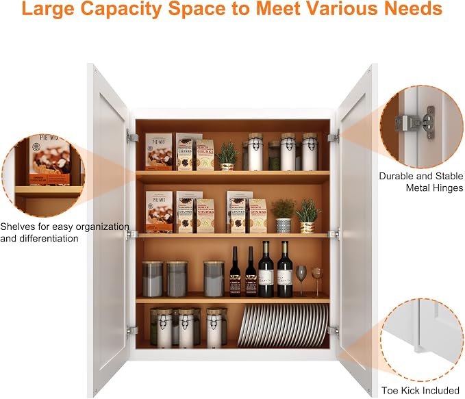ROOMTEC Wood Wall-Mounted Cabinet,Bathroom Medicine Cabinet with Adjustable Shelves and 2 Soft-Close Doors,Laundry Storage Cabinet for Bathroom,Kitchen,Living Room 12" D*30" W*42" H,Shaker White