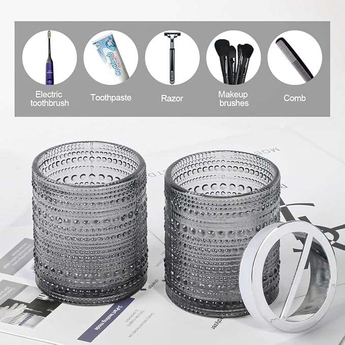 Grey Toothbrush Holders for Bathrooms, Glass Toothbrush Holder with 2 Slot Divider, 10oz Bathroom Tumbler and Mouthwash Cup, Tooth Brush Holder for Brushes, Toothpaste
