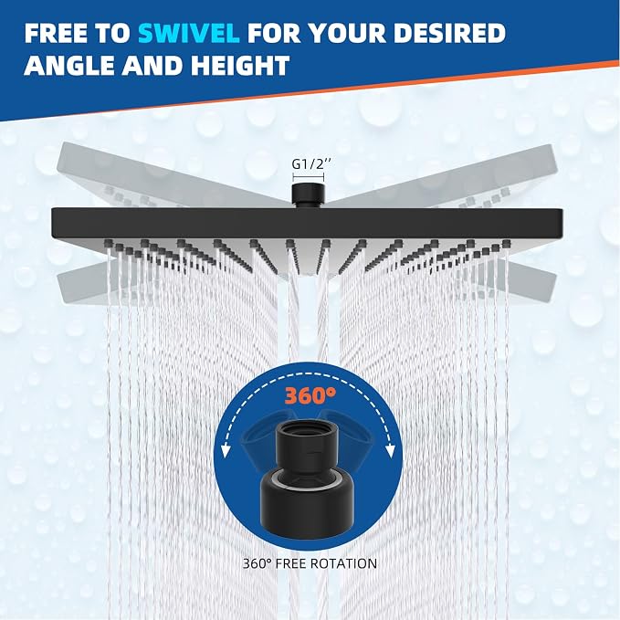 Hibbent cUPC Certified High Pressure 10'' Rain Shower Head, Matte Black | Metal Square Bathroom Waterfall Thickness Shower Heads, High-flow Fixed Rainfall Showerheads, Adjustable Brass Ball Joint