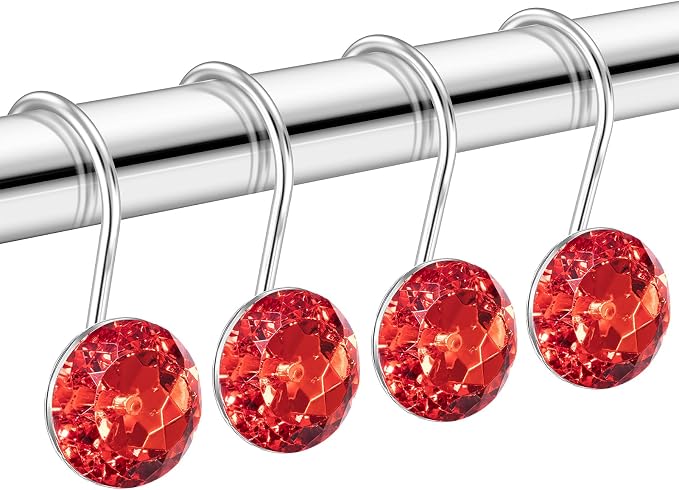 HBlife 12 Pcs Acrylic Decorative Rolling Diamond Shower Curtain Hooks Rust Proof Rhinestones Crystal Bling Shower Curtain Hooks for Curtain and Shower Rod, Red Round