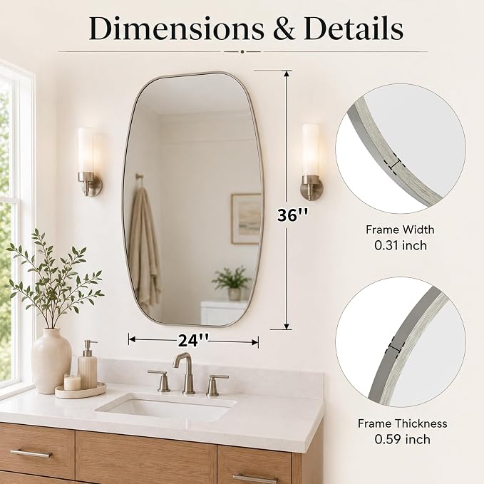 Brushed Nickel Capsule Bathroom Mirror, 24x36 Inch | Aluminum alloy frame, pill-shaped design, tempered glass, two-way mount for dresser and console