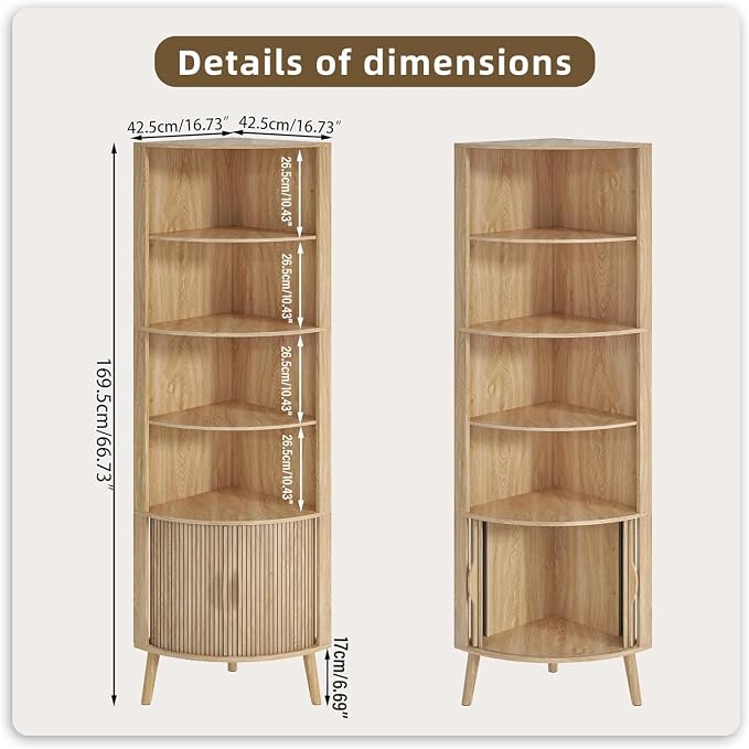 66'' Tall Corner Bookshelf with 2 Fluted Sliding Doors, Oak | 5-Tier Corner Shelf, 5 Shelf Bookcase,Mid-Century Modern,Freestanding Display Storage Organizer for Living Room,Office