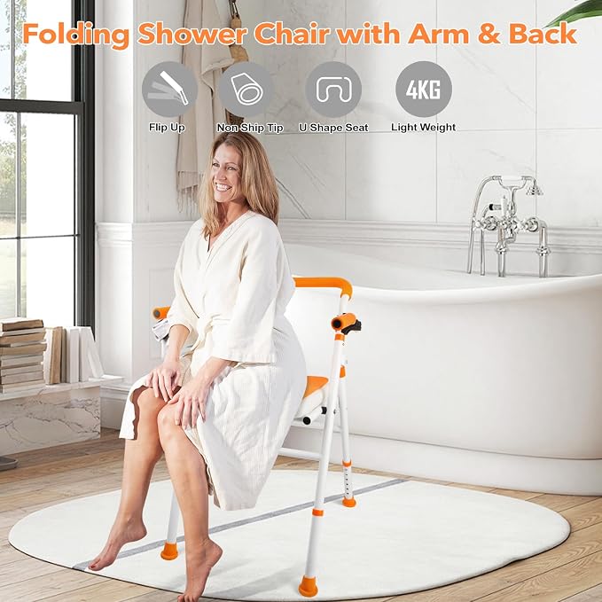 Foldable Shower Chair, Folding Bath Shower Seat for Inside Shower | Minimalist Shower Chair with Arms and Back, Height Adjustable, Portable Safety Bath Chairs for Elderly, Seniors, Disabled