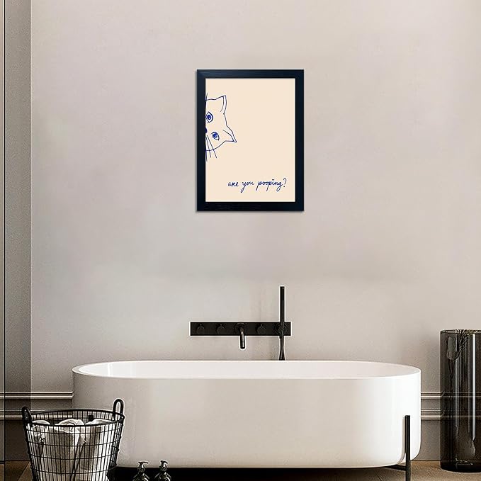Are You Pooping Bathroom Sign Cat Toilet Decor Funny Bathroom Wall Art Framed Blue Cat Canvas Print Poster Minimalist Animal Painting