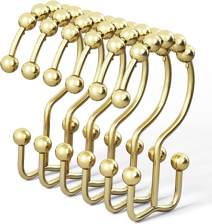DAWNER Shower Curtain Hooks Rings, Rust Proof Hooks, Metal Easy Glide Double Shower Rings Hooks, Stainless Steel Shower Curtain Hangers for Bathroom Shower Curtains, Set of 12 Hooks, Gold Color