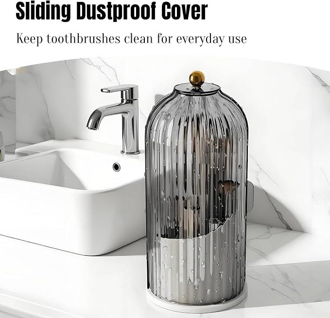 JEESA Dustproof Toothbrush Holder with Cover, Grey/White | 360° Rotating, 180° Sliding Lid, 3 Slots, Toothbrush Organizer, for Bathroom Countertop