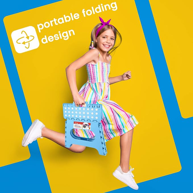 11 Inch Folding Step Stool for Kids, Non-Slip Foldable Stools, Blue | Heavy Duty Collapsible Foot Stool, Lightweight with Built-in Handle, Holds 300 lb for Adults Kitchen Bathroom Bedroom Outdoor