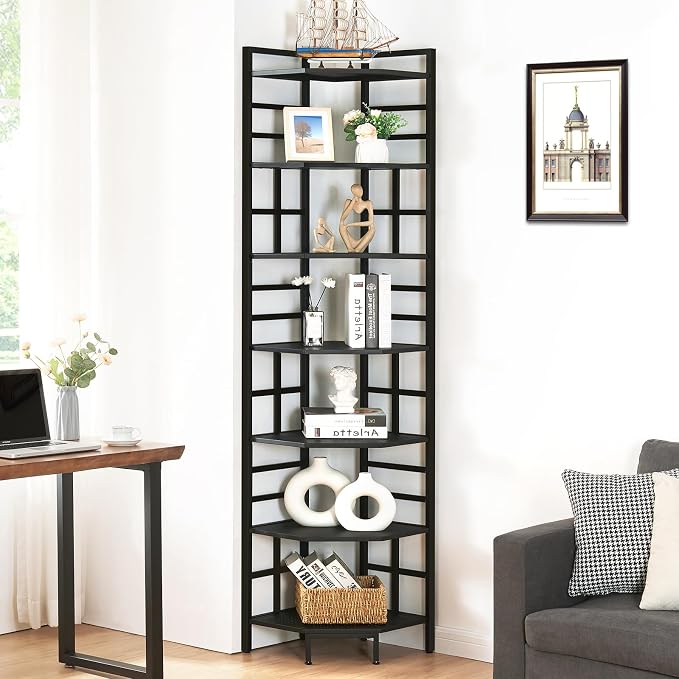 HOMISSUE Corner Shelf, 7 Tier Tall Narrow Bookshelf 82.6", Industrial Corner Bookcase with Storage for Home Office Living Room and Bedroom, Black