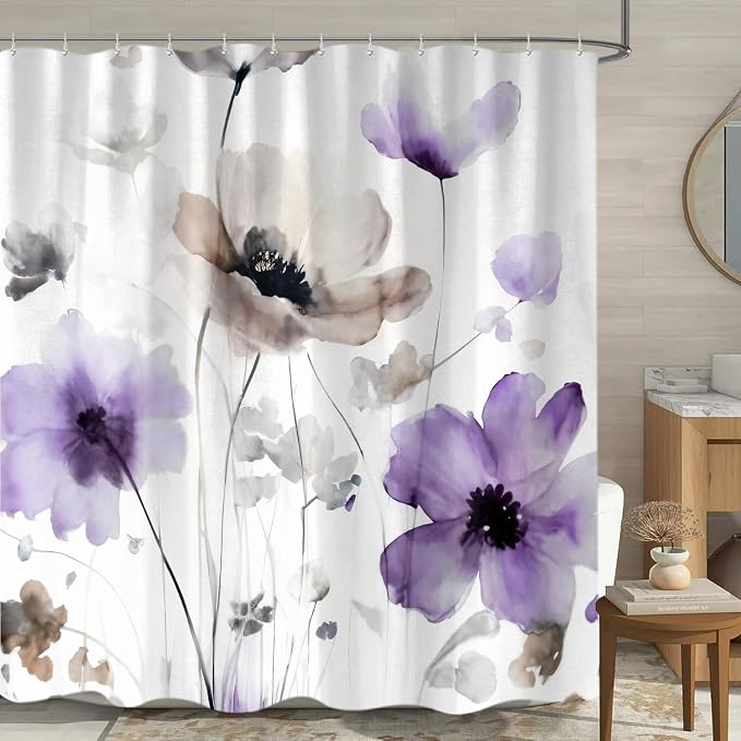Sanzugh Boho Floral Shower Curtain, Cream Tan Beige Purple Grey White Flower Farmhouse Fabric Shower Curtains Set for Bathroom Decorative with Hooks 72 X 72 inch Spring Bath Decor