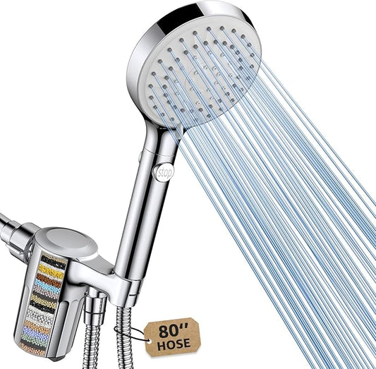 High Pressure Filtered Handheld Shower Head with Hose, Chrome | 80" Long Stainless Steel Hose, ON/OFF Switch for Pets Bath, Filter Beads for Hard Water, Remove Chlorine & Reduce Dry Skin