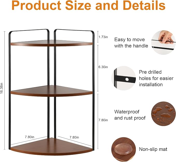 3 Tier Corner Bathroom Counter Organizer, Red Brown | Countertop Sink Organizer Rack, Wooden and Metal Counter Shelf, Space Saving Corner Bathroom & Vanity