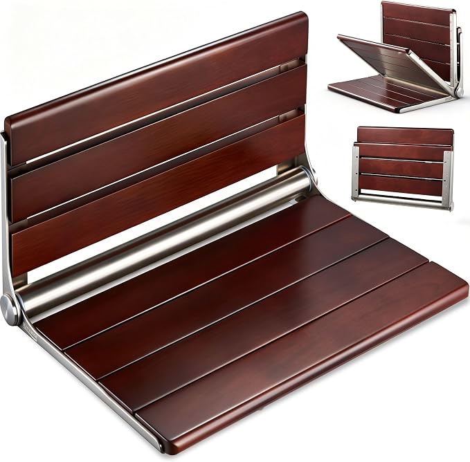 [Upgraded Version] 18" ADA Compliant Folding Teak Shower Seat Wall Mounted-Folding Shower Bench, Folding Shower Seat for Inside Shower, Teak Foldable Shower Chair, Fold Down Shower Seat, Max 400lbs