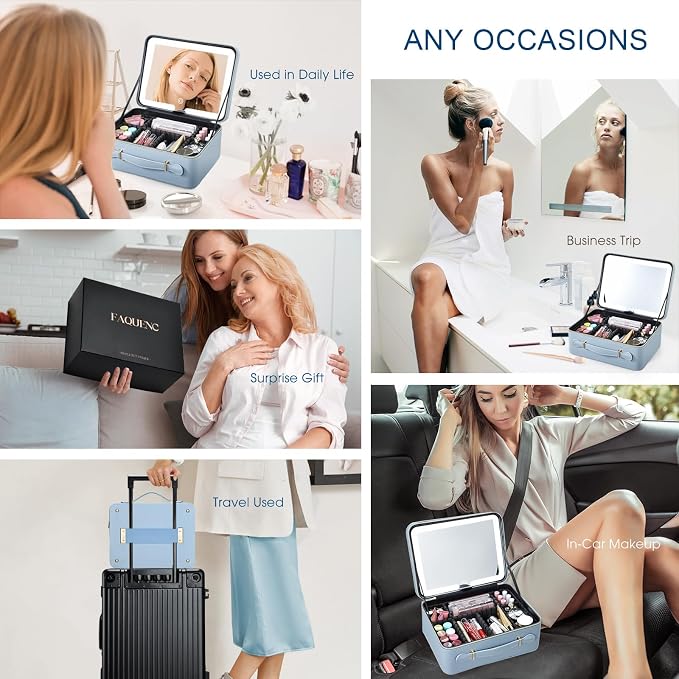 Faquenc Leather Makeup Case with LED Lighted Mirror 11.4 Inch Travel Makeup Bag Adjustable Brightness in 3 Colors Cosmetic Organizer Artist Storage Bag with Dividers Brush Holder Bag Vanity Blue