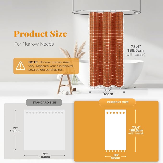 Stall Boho Farmhouse Linen Shower Curtain Set, 36x72, Burnt Orange | Half Size, 330GSM Linen Blend, 3-side Tassels, Water Repellent Fabric, 6 Plastic Hooks, Rustic Bohemian, Machine Washable