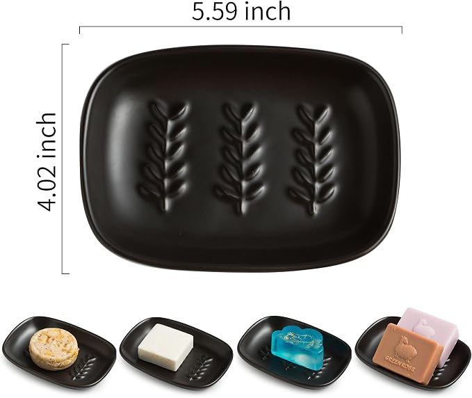 Miamolo Soap Dish for Bathroom, Bar Soap Holder for Shampoo Bars, Sponges | Raised Ridges Drain, Soap-Saving | Ceramic Soap Sver Dishwasher Safe, Fit 1-2 Large Bars | Bath Counter & Kitchen Sink, Black