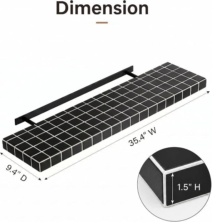 Large Floating Shelves, Set of 2, Modern, Black with White Lines | 35.4"W x 9.4"D x 1.5"H, set of 2, 40 lbs each, 3D tile texture, bathroom & living room, splash-resistant, ~30 min assembly.