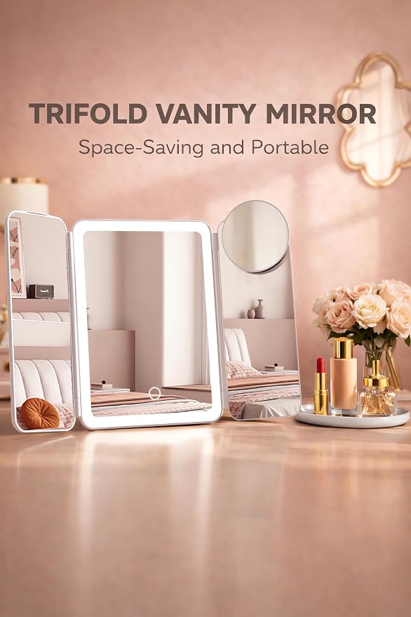 Lupow Lighted Makeup Vanity Mirror, 4 Magnifications, Rechargeable, Trifold | 1X/2X/3X/10X Views, Seamless Light Strip, Dimmable 3-Color Lighting, 2000mAh Battery, Height Adjustable, Gift For Women