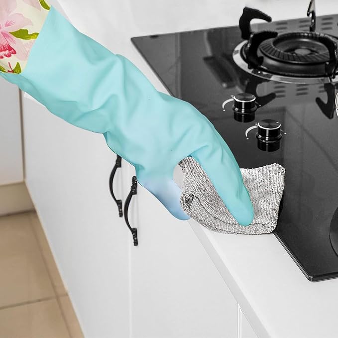 KINGFINGER Rubber Latex-Free Waterproof Dishwashing Gloves,2 Pair Medium Long Cuff Flock Lining Household Cleaning Gloves