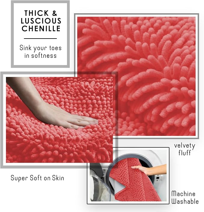 Hearth & Harbor Bathroom Rugs, Chenille Bath Mat - Machine Washable Bath Mats for Bathroom Non-Slip Backing Rubber, Quick Dry Bathroom Mat - Rose Bath Rug, 20x32