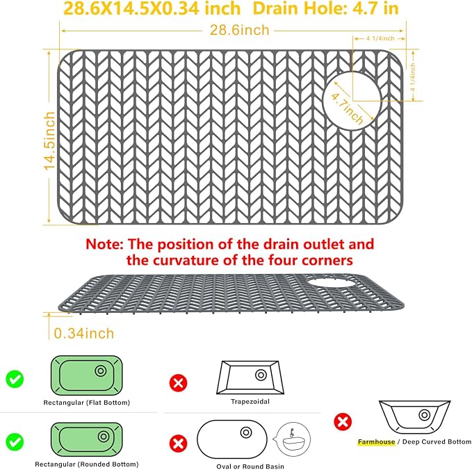 Sink Protectors for Kitchen Sink12"13"16"18"19"24"26"28"29"30",Silicone kitchen sink mats protector for bottom of farmhouse sink(28.6"x14.5"gray) | Various sizes and styles,Protector for sinks and dish,Withstand to 500F,Food-grade silicone ,raised feet...